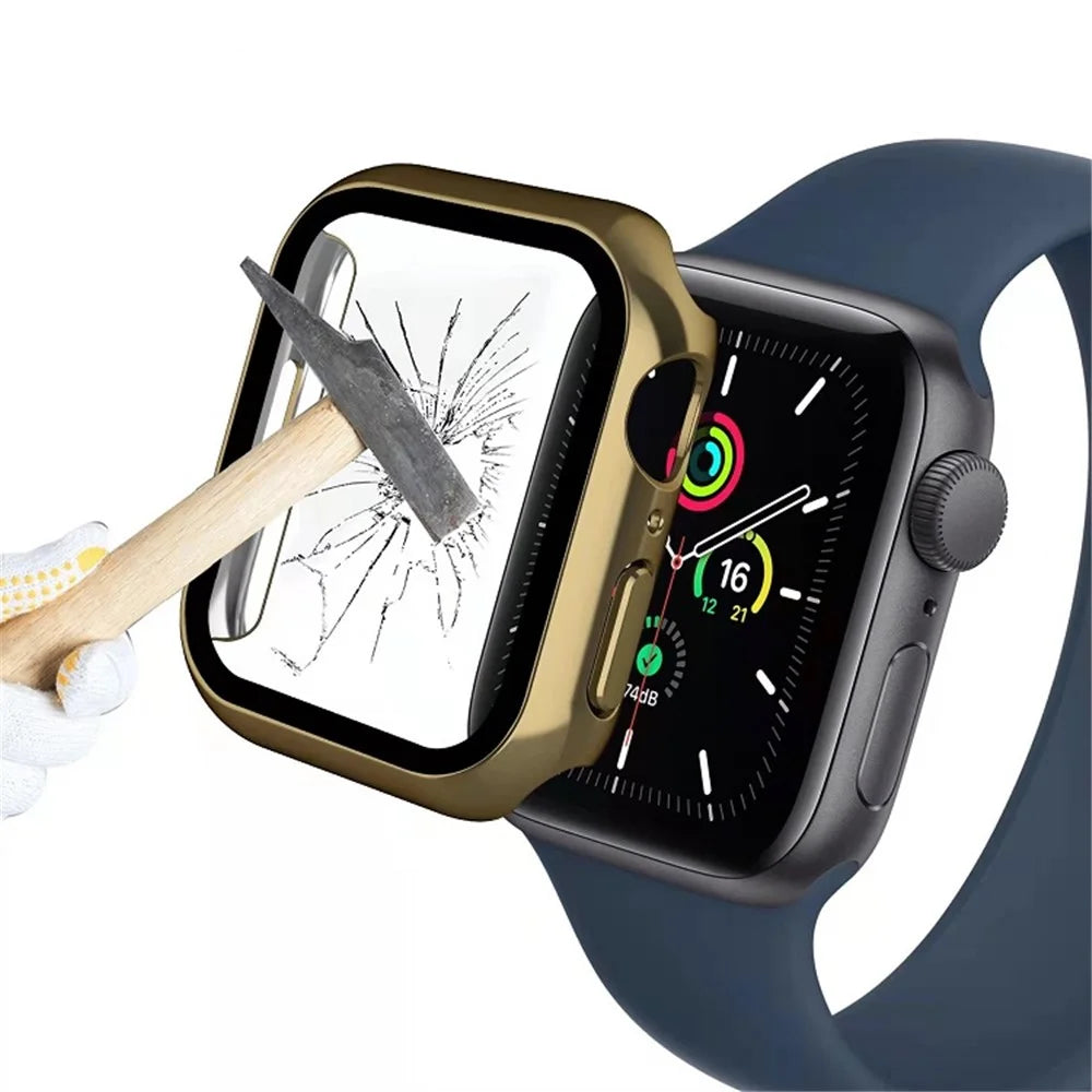 For Apple Watch Series 9 / 8 / 7 45mm Tempered Glass Film Watch Case Dustproof Button Cover Electroplating PC Shell - Black - 7
