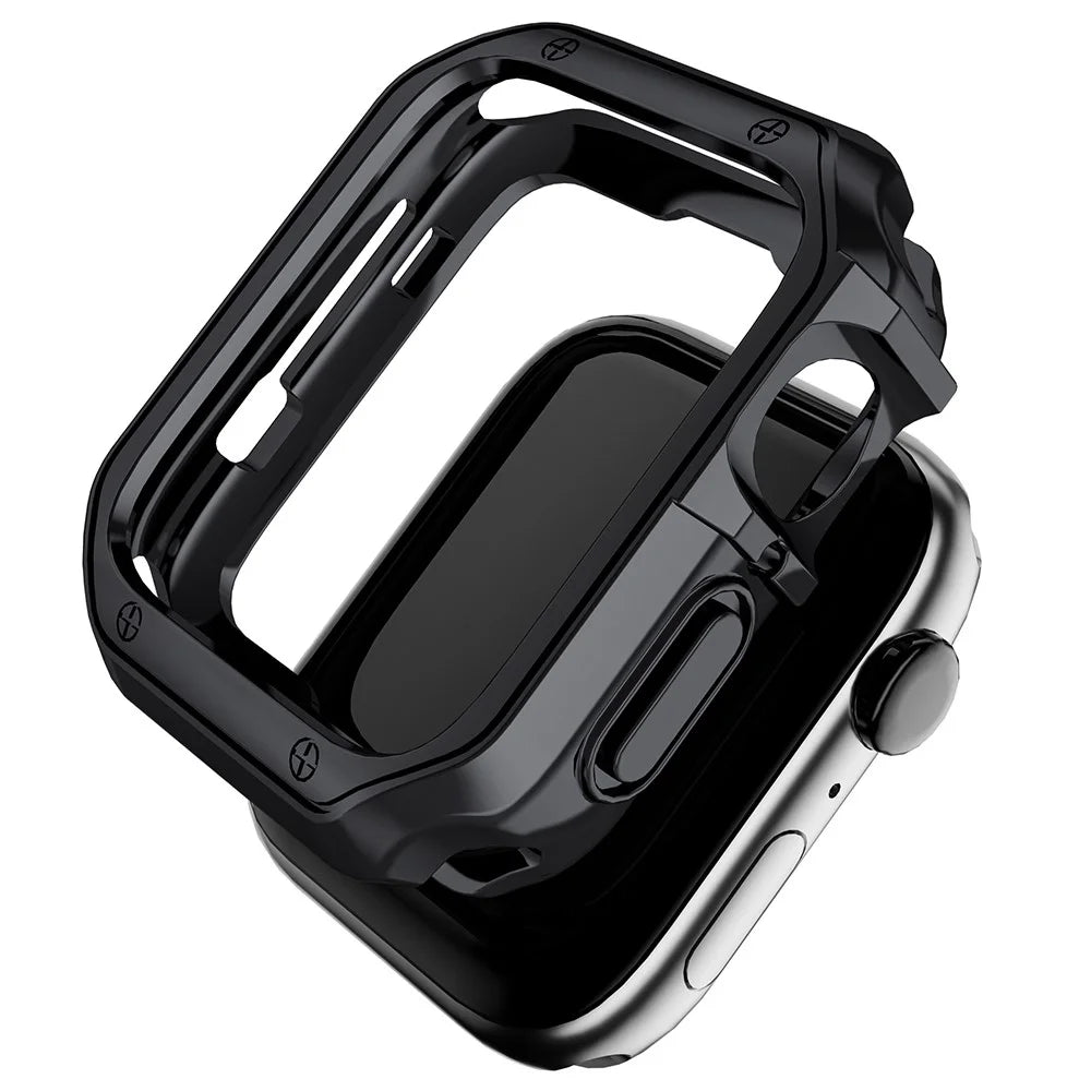 For Apple Watch Series SE3 / SE2 / SE1 /  6 / 5 / 4 44mm / 9 / 8 / 7 45mm Electroplating TPU Watch Case Laser Engraving Protective Cover - Black - 1