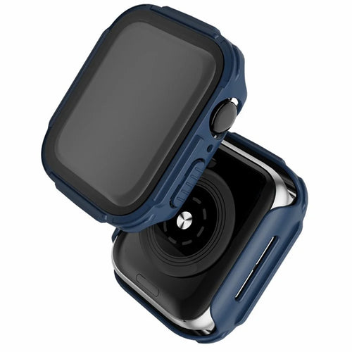 For Apple Watch 9 / 8 / 7 45mm Stylish Electroplated PC Smart Watch Case Protective Cover with Tempered Glass Screen Protector - Blue - 1