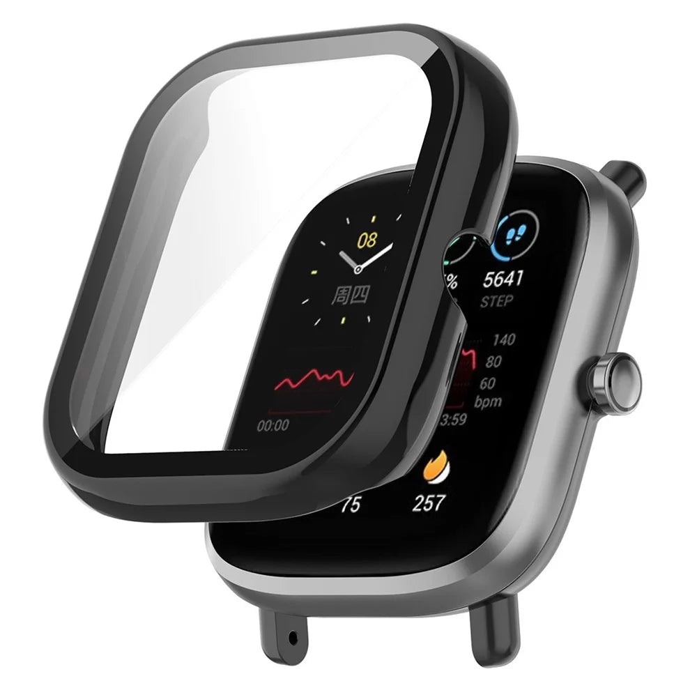 For Huami Amazfit Bip U / Bip U Pro / Pop / Pop Pro Hard PC Watch Case All-Around Full Protection Cover with Tempered Glass Screen Protector - Black - 1