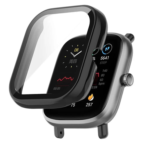For Huami Amazfit Bip U / Bip U Pro / Pop / Pop Pro Hard PC Watch Case All-Around Full Protection Cover with Tempered Glass Screen Protector - Black - 1