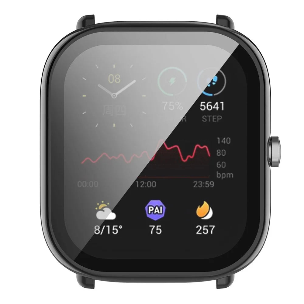 For Huami Amazfit Bip U / Bip U Pro / Pop / Pop Pro Hard PC Watch Case All-Around Full Protection Cover with Tempered Glass Screen Protector - Black - 6