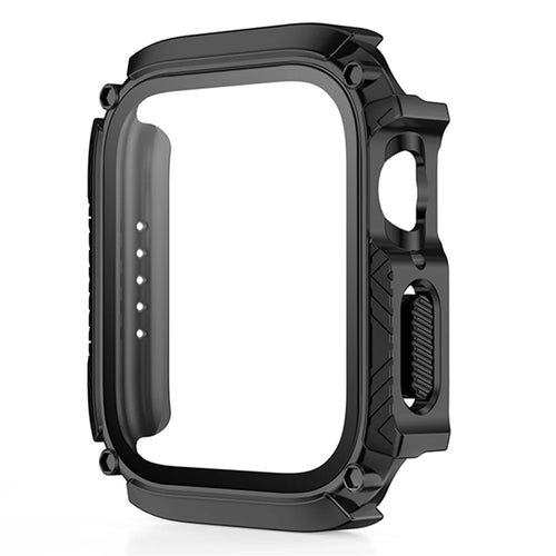 For Apple Watch Series 9 / 8 / 7 41mm Hard PC Case with Tempered Glass Screen Protector Anti-Scratch Waterproof Smart Watch Case - Black - 1