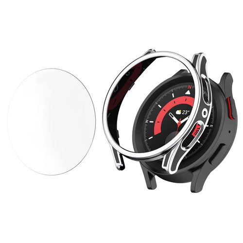 For Samsung Galaxy Watch 5 44mm /  Watch4 44mm Smart Watch Case Anti-drop PC Cover with Tempered Glass Screen Protector - Black / Silver - 1