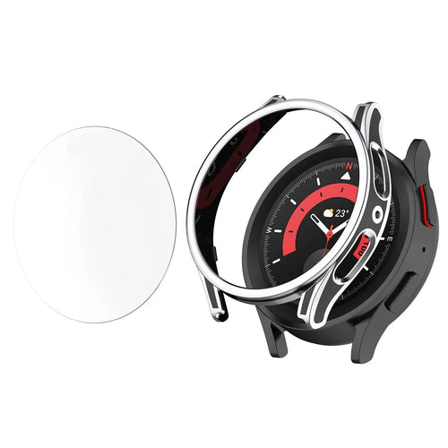 For Samsung Galaxy Watch 5 Pro 45mm Hard PC Watch Case Drop-proof Cover with Tempered Glass Screen Protector - Black / Silver - 1