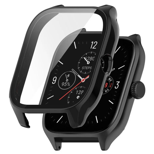 For Huami Amazfit GTS 4 Hard PC Case with Tempered Glass Screen Protector Scratch Resistant Overall Protective Cover - Black - 1