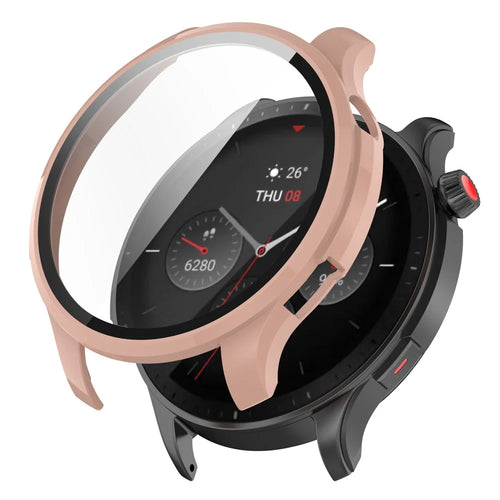 For Huami Amazfit GTR 4 46mm Full Coverage Hard PC Case with Tempered Glass Screen Protector Touch Sensitive HD Bumper Protective Cover - Sakura Pink - 1