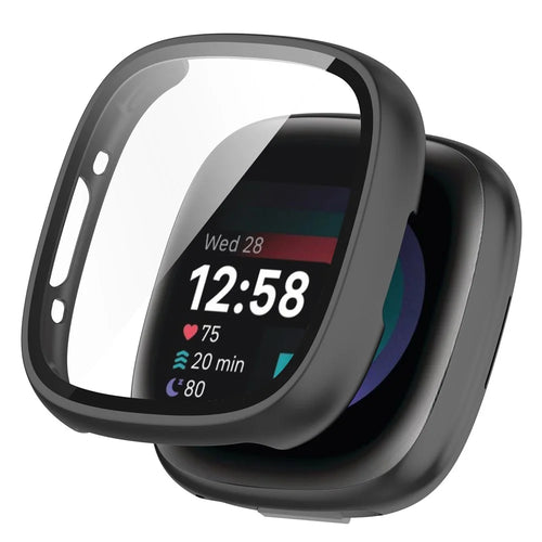 For Fitbit Versa 4 / Sense 2 Case Hard PC Full Protection Cover with Tempered Glass Screen Protector - Black - 1