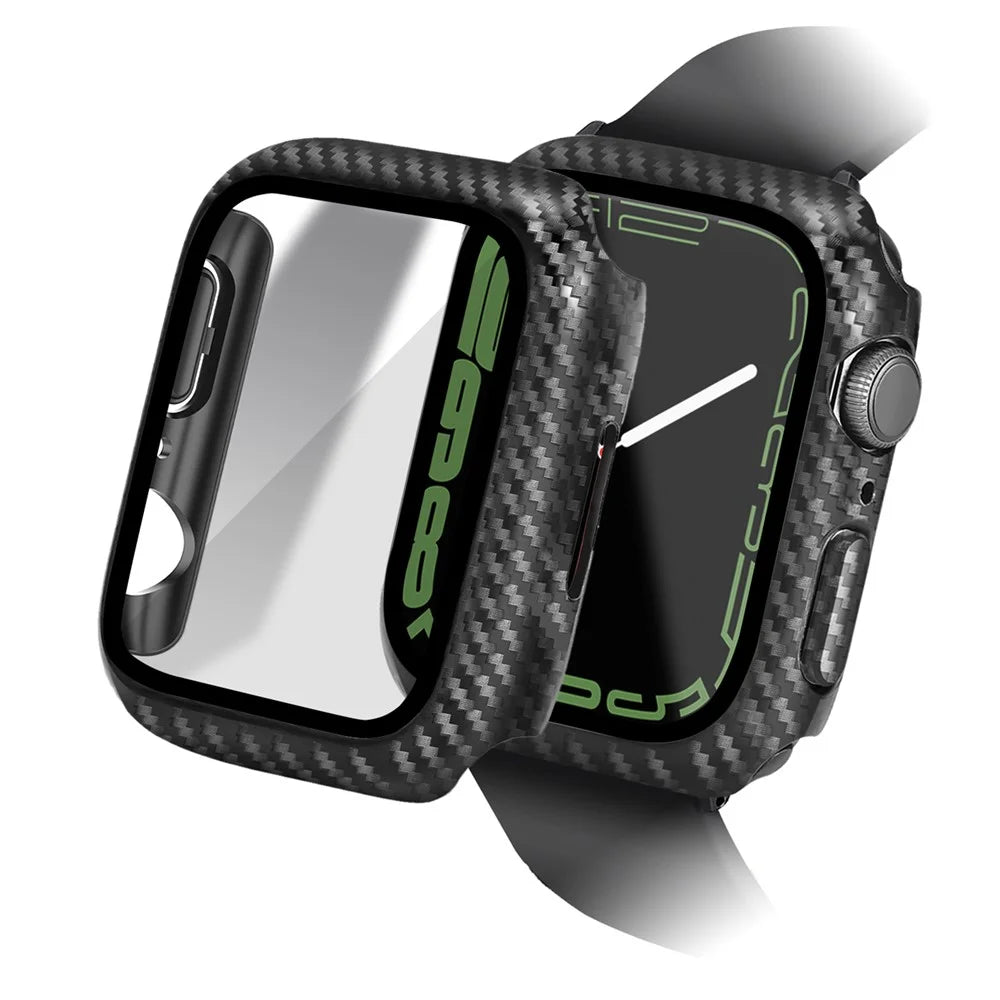 For Apple Watch Series 9 / 8 / 7 41mm Integrated Tempered Glass Screen Film Hard PC Watch Frame Carbon Fiber Cover - Black - 1