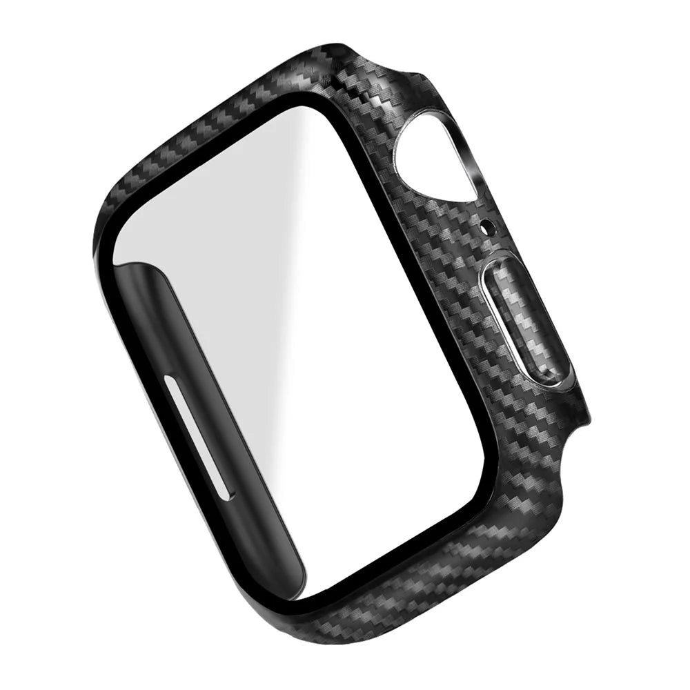 For Apple Watch Series 9 / 8 / 7 41mm Integrated Tempered Glass Screen Film Hard PC Watch Frame Carbon Fiber Cover - Black - 2