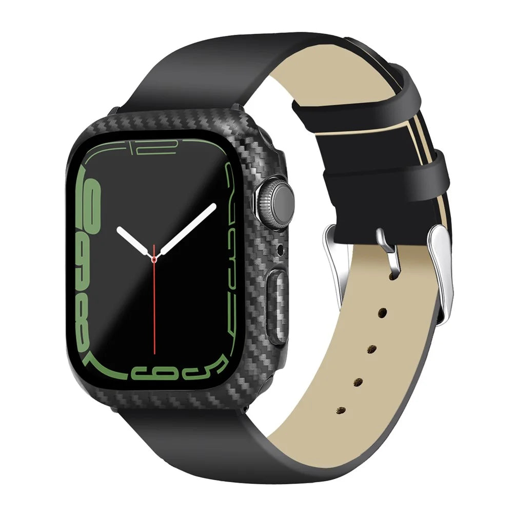 For Apple Watch Series 9 / 8 / 7 41mm Integrated Tempered Glass Screen Film Hard PC Watch Frame Carbon Fiber Cover - Black - 3
