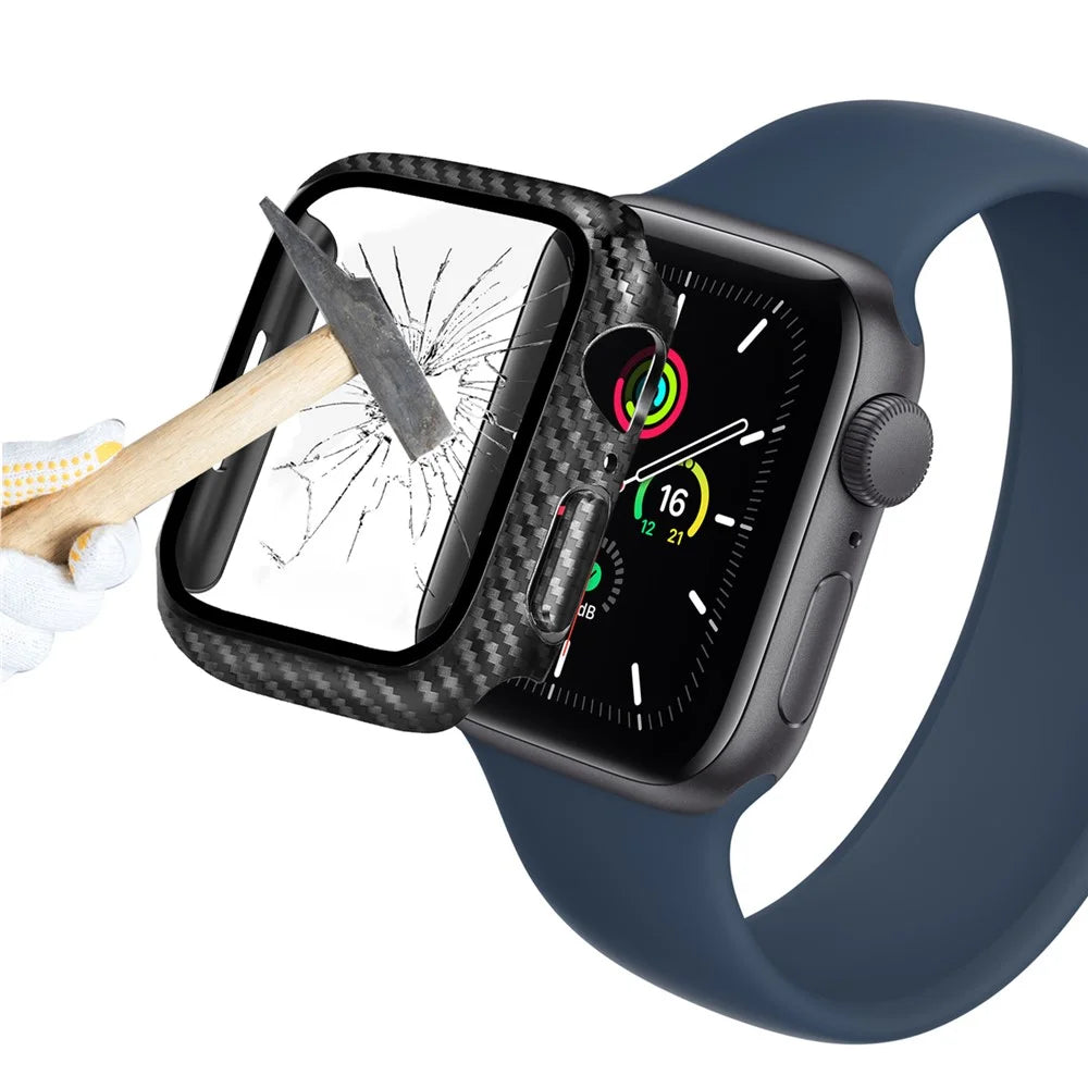For Apple Watch Series 9 / 8 / 7 41mm Integrated Tempered Glass Screen Film Hard PC Watch Frame Carbon Fiber Cover - Black - 6