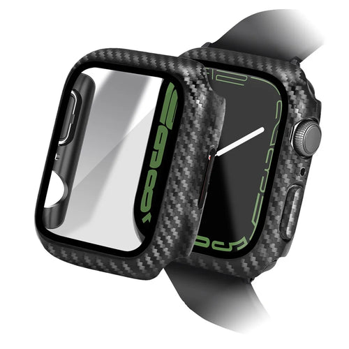 For Apple Watch Series 9 / 8 / 7 45mm Integrated Tempered Glass Screen Film Hard PC Watch Frame Carbon Fiber Cover - Black - 1