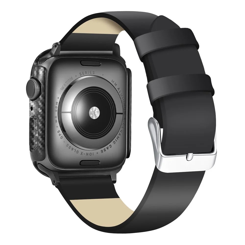 For Apple Watch Series 9 / 8 / 7 45mm Integrated Tempered Glass Screen Film Hard PC Watch Frame Carbon Fiber Cover - Black - 4