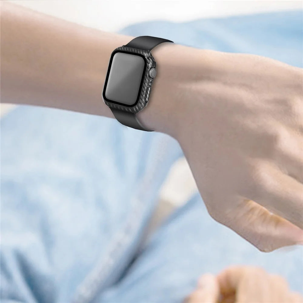 For Apple Watch Series 9 / 8 / 7 45mm Integrated Tempered Glass Screen Film Hard PC Watch Frame Carbon Fiber Cover - Black - 5
