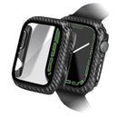 For Apple Watch Series SE3 / SE2 / SE1 /  6 / 5 / 4 44mm Hard PC Watch Frame Case with Tempered Glass Screen Protector Carbon Fiber Protective Cover - Black - 1