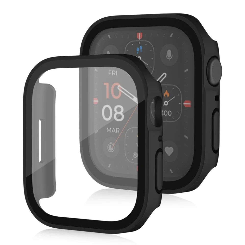 For Apple Watch Series 9 / 8 / 7 45mm Waterproof Frosted Watch Case Anti-drop PC Cover with Tempered Glass Screen Protector - Black - 1
