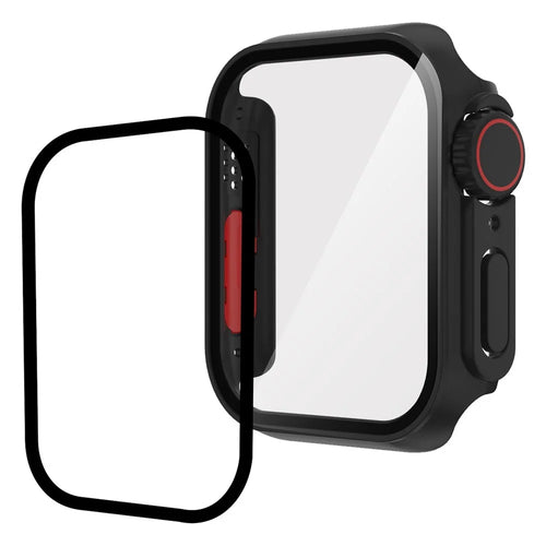 For Apple Watch Series 9 / 8 / 7 41mm Full Protection Watch Case Hard PC Cover with Tempered Glass Screen Protector - Black / Red - 1
