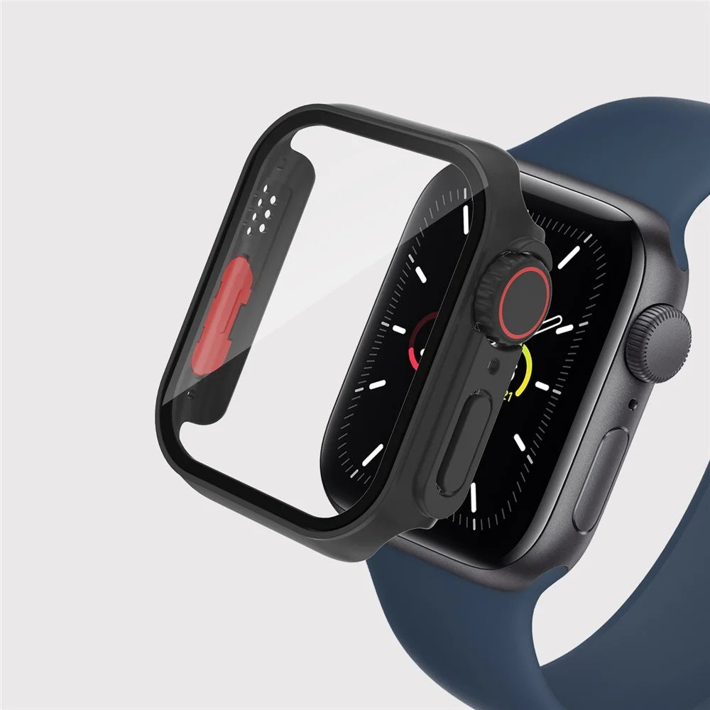 For Apple Watch Series 9 / 8 / 7 41mm Full Protection Watch Case Hard PC Cover with Tempered Glass Screen Protector - Black / Red - 3