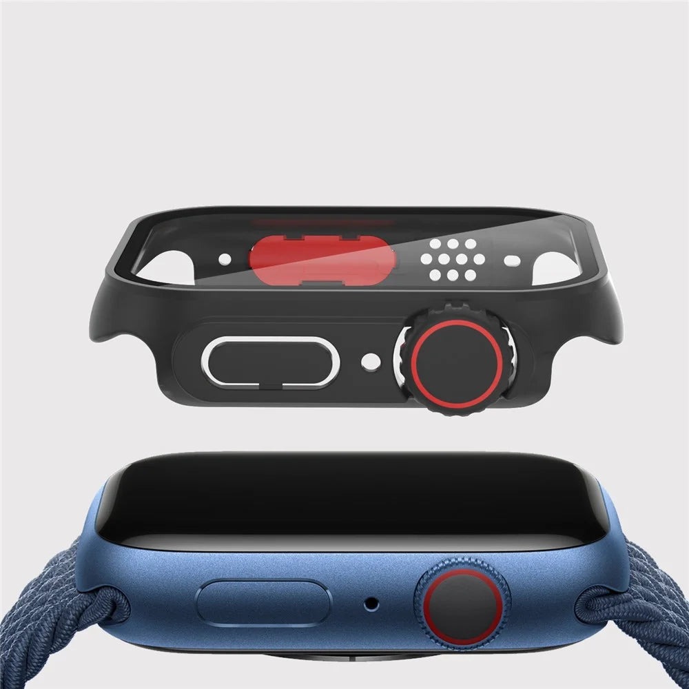 For Apple Watch Series SE3 / SE2 / SE1 /  6 / 5 / 4 44mm Watch Case Hard PC Watch Cover with Tempered Glass Screen Protector - Black / Red - 6