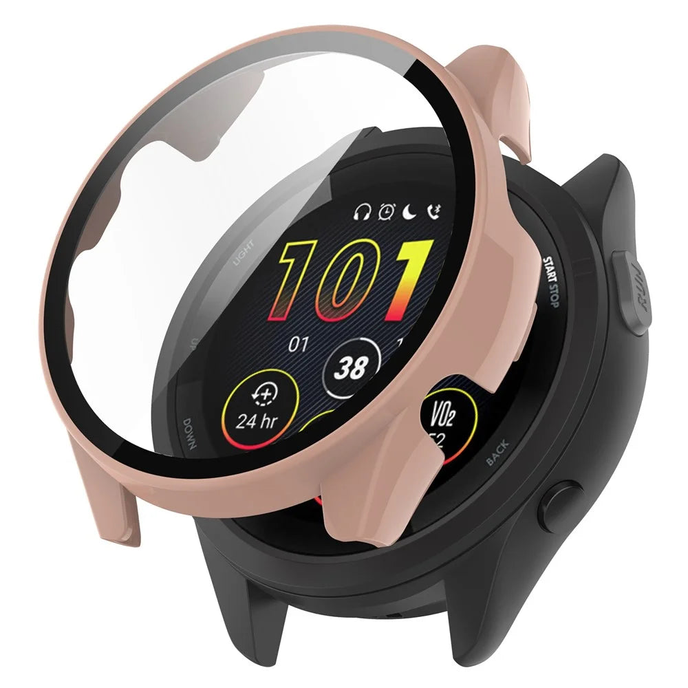 For Garmin Forerunner 265S Anti-scratch PC Watch Case with Tempered Glass Screen Protector - Pink - 1