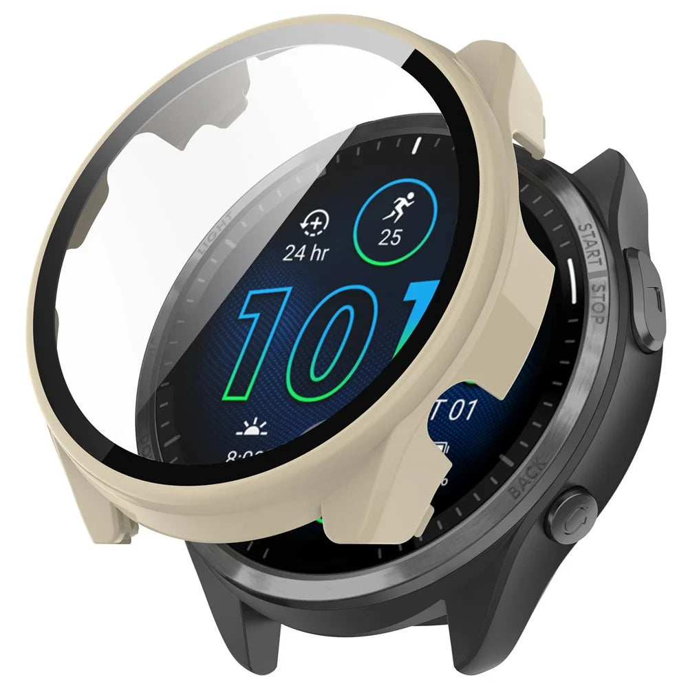 For Garmin Forerunner 965 Hard PC Watch Case Protective Frame with HD Tempered Glass Film - Ivory White - 1