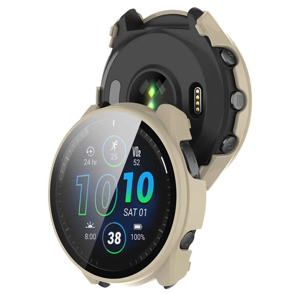 For Garmin Forerunner 965 Hard PC Watch Case Protective Frame with HD Tempered Glass Film - Ivory White - 5
