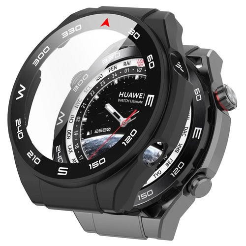For Huawei Watch Ultimate Hard PC Watch Case All Around Shockproof Cover with Tempered Glass Film - Black - 1