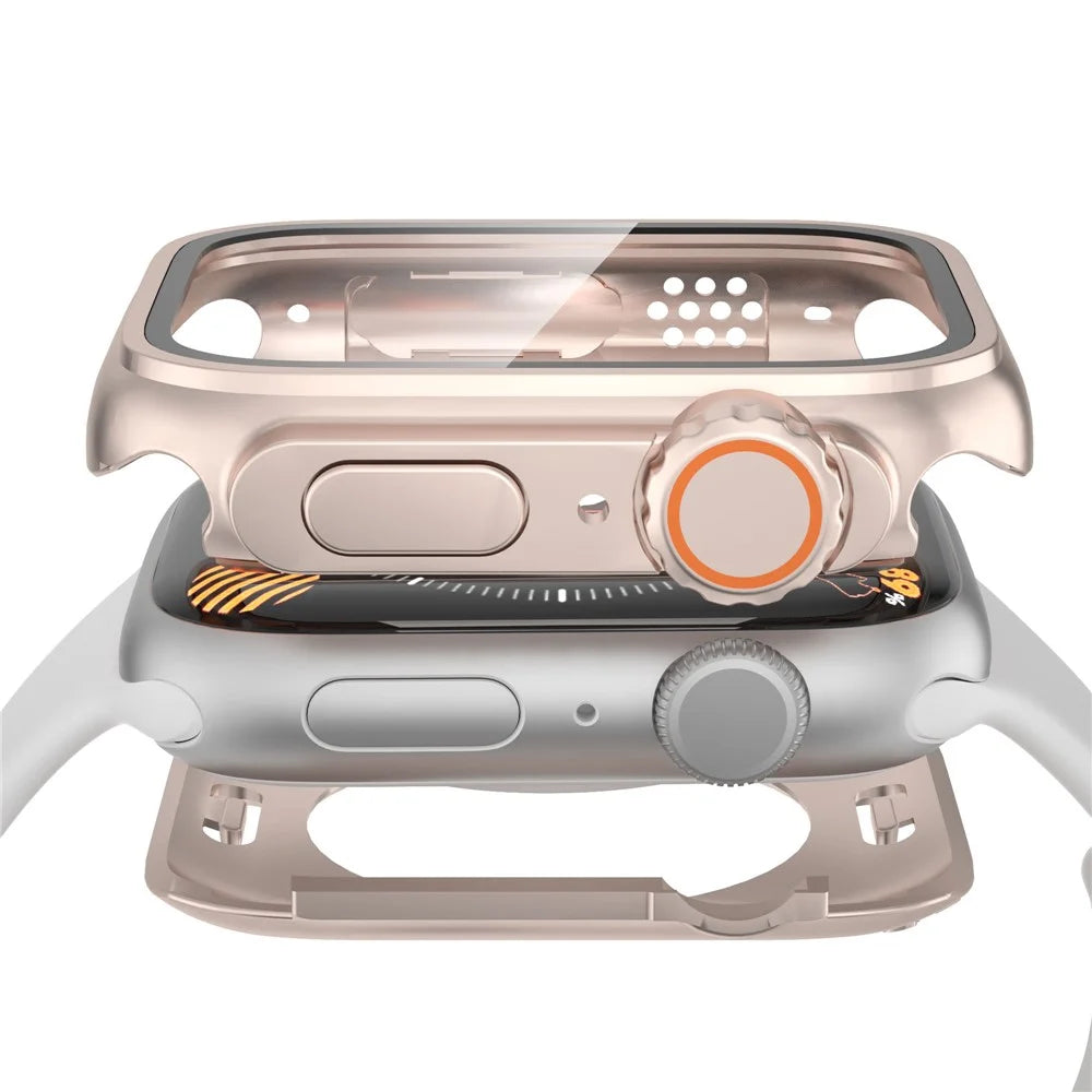 For Apple Watch Series 9 / 8 / 7 41mm Waterproof Case Ultra-Thin Shockproof Hard PC Cover with Tempered Glass Screen Protector - Rose Gold - 7