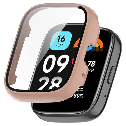 For Xiaomi Redmi Watch 3 Lite / Watch 3 Active Overall PC Case with Tempered Glass Film Ultra-Thin Watch Guard Cover - Cherry Pink - 1