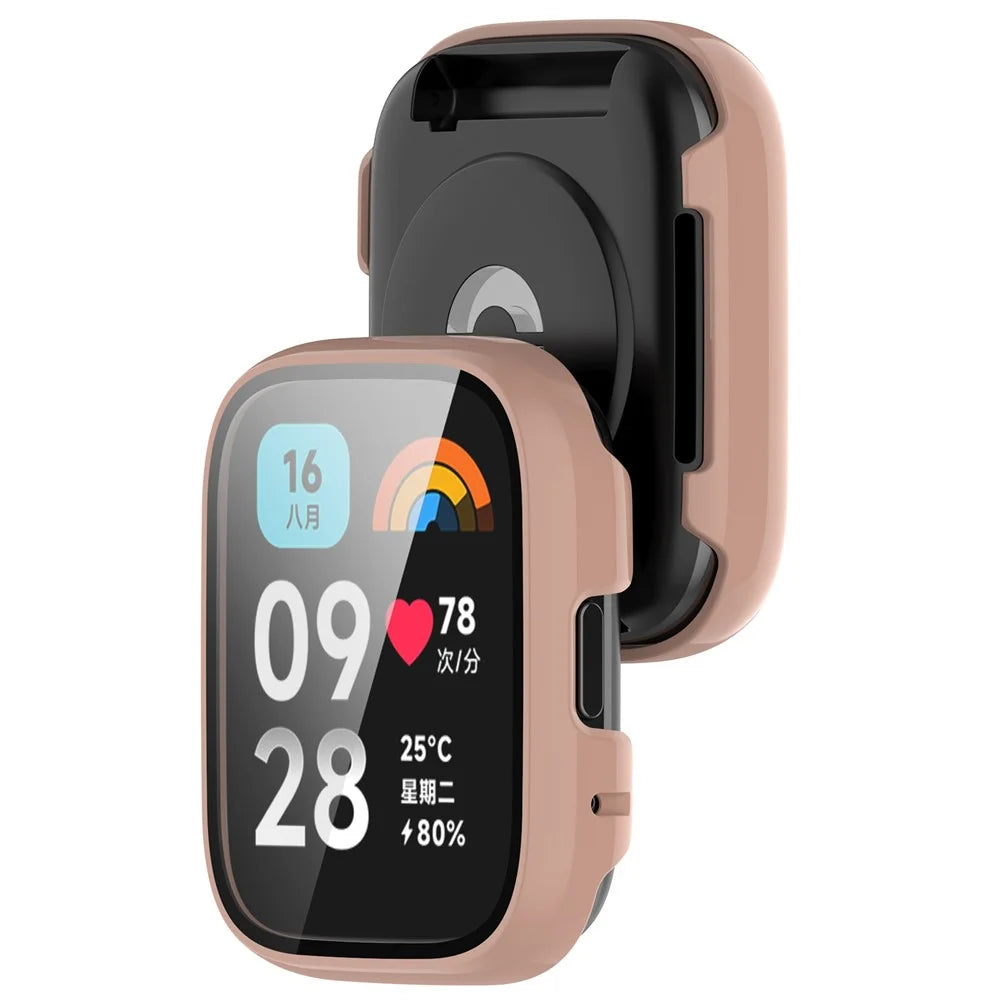 For Xiaomi Redmi Watch 3 Lite / Watch 3 Active Overall PC Case with Tempered Glass Film Ultra-Thin Watch Guard Cover - Cherry Pink - 3