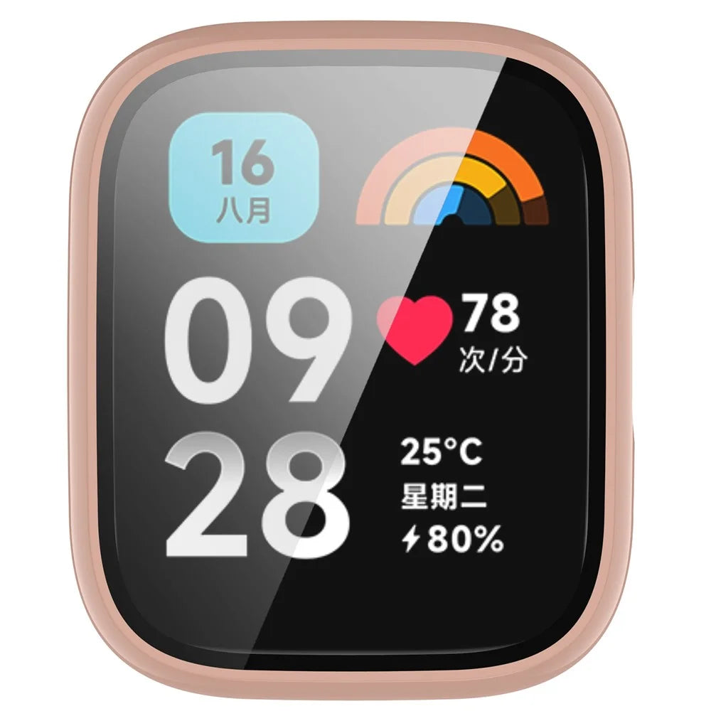 For Xiaomi Redmi Watch 3 Lite / Watch 3 Active Overall PC Case with Tempered Glass Film Ultra-Thin Watch Guard Cover - Cherry Pink - 6