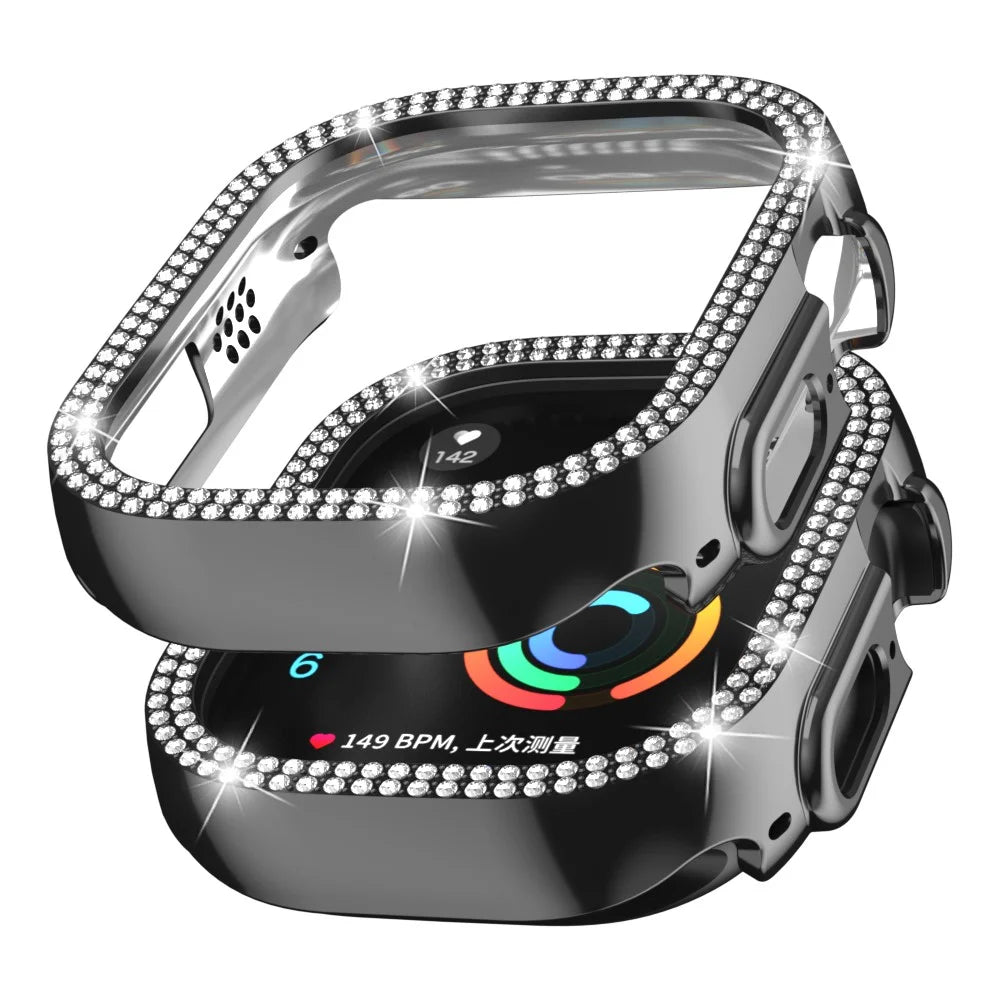 For Apple Watch Ultra 3 / Ultra 2 / Ultra 49mm Hollow PC Watch Frame Cover Dual-Row Rhinestone Decor Smartwatch Case - Black - 1