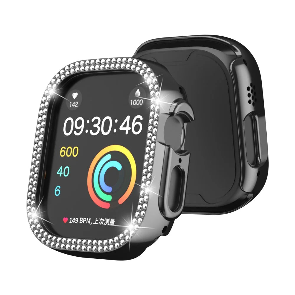 For Apple Watch Ultra 3 / Ultra 2 / Ultra 49mm Hollow PC Watch Frame Cover Dual-Row Rhinestone Decor Smartwatch Case - Black - 7