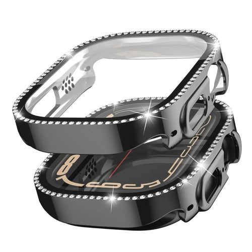 For Apple Watch Ultra 3 / Ultra 2 / Ultra 49mm PC Frame + Tempered Glass Screen Film Watch Protector with Single-Row Rhinestone - Black - 1