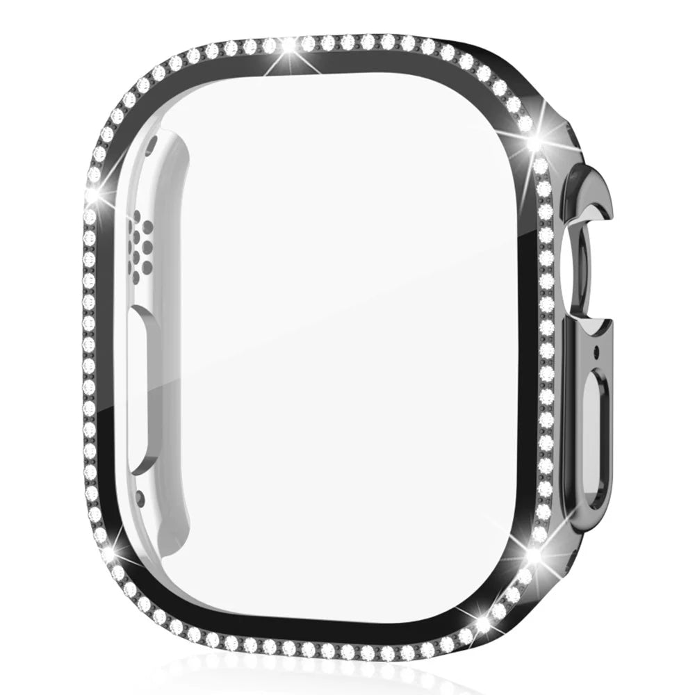 For Apple Watch Ultra 3 / Ultra 2 / Ultra 49mm PC Frame + Tempered Glass Screen Film Watch Protector with Single-Row Rhinestone - Black - 2