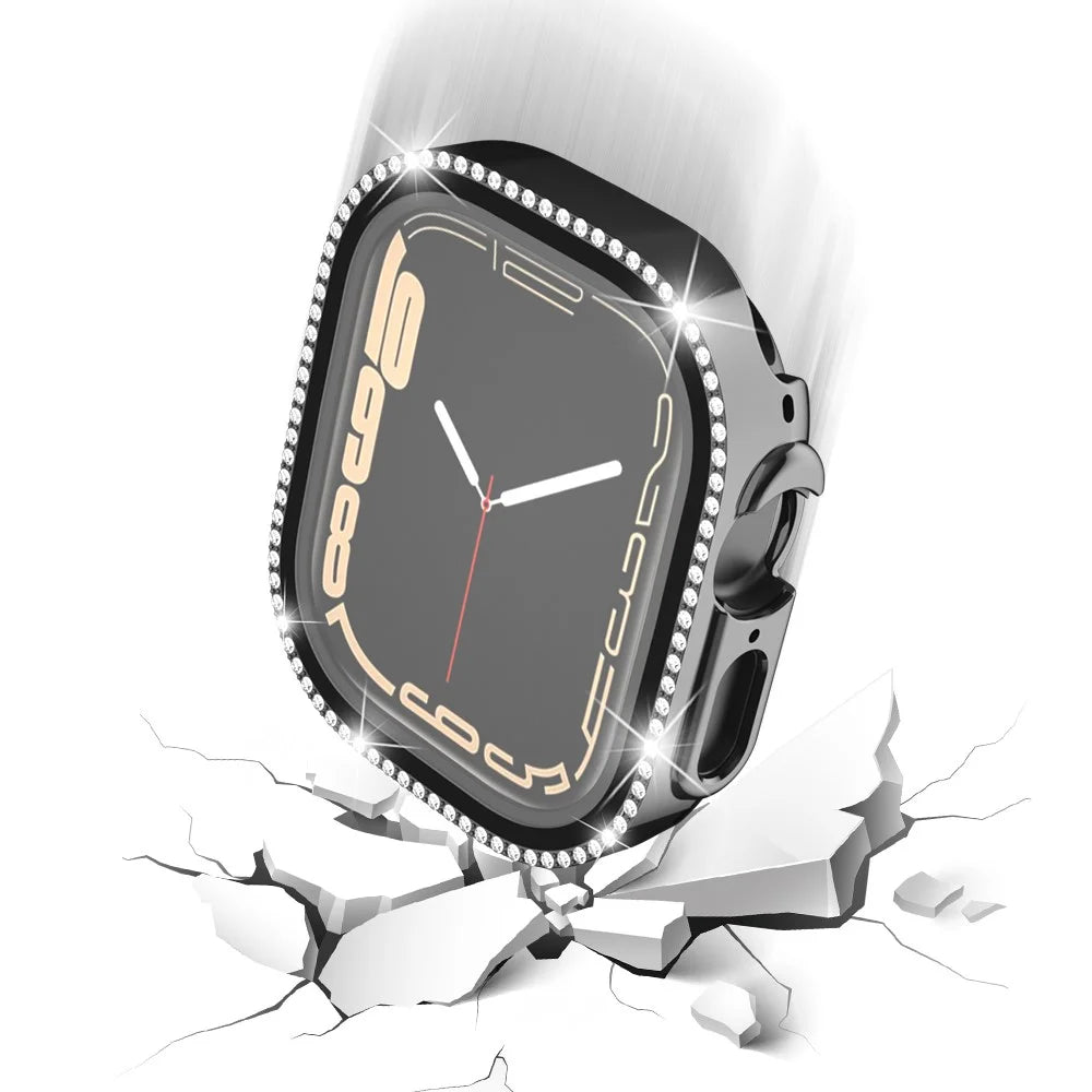 For Apple Watch Ultra 3 / Ultra 2 / Ultra 49mm PC Frame + Tempered Glass Screen Film Watch Protector with Single-Row Rhinestone - Black - 6