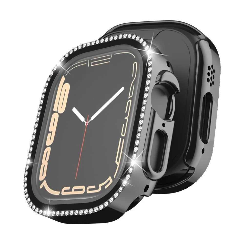 For Apple Watch Ultra 3 / Ultra 2 / Ultra 49mm PC Frame + Tempered Glass Screen Film Watch Protector with Single-Row Rhinestone - Black - 7
