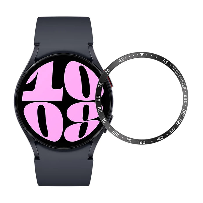 Type E Bezel Styling for Samsung Galaxy Watch6 40mm , Stainless Steel Adhesive Frame Protector Ring - Black / White Characters - 1