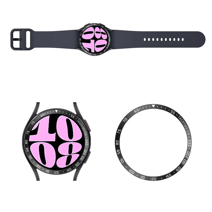 Type E Bezel Styling for Samsung Galaxy Watch6 40mm , Stainless Steel Adhesive Frame Protector Ring - Black / White Characters - 4