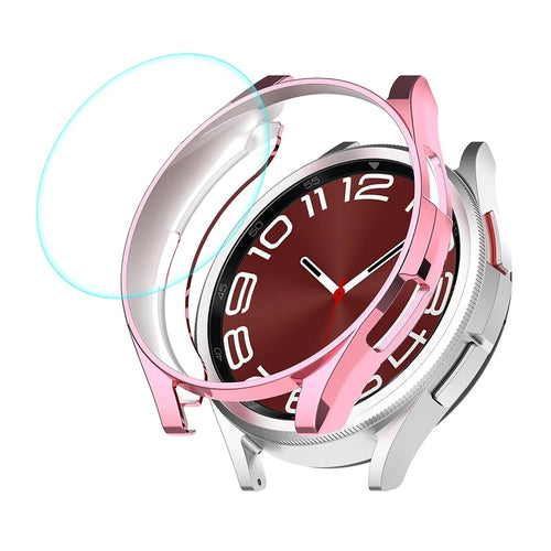 ENKAY HAT PRINCE For Samsung Galaxy Watch6 Classic 47mm Half-Cover Watch Case Electroplating TPU Frame with 0.2mm 9H Tempered Glass Screen Film - Pink - 1