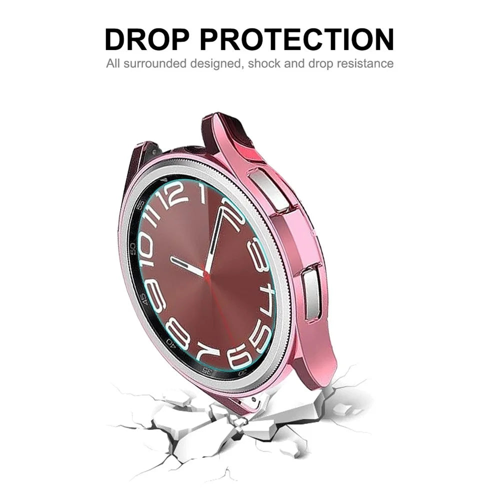 ENKAY HAT PRINCE For Samsung Galaxy Watch6 Classic 43mm Half-Cover TPU Watch Case Electroplating Frame with 0.2mm 9H Tempered Glass Screen Film - Pink - 6