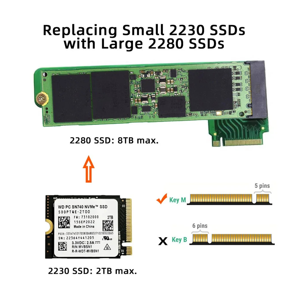 EP-022-2280MM NVME M-Key 22x30mm to 22x80mm Angled Extension SSD Upgrade Adapter Compatible with ROG Ally Gaming - 3