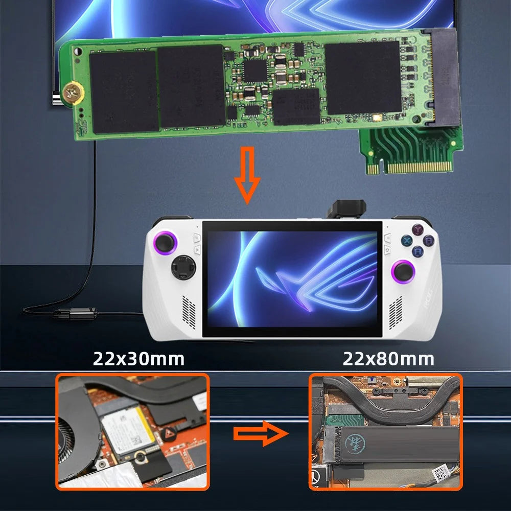 EP-022-2280MM NVME M-Key 22x30mm to 22x80mm Angled Extension SSD Upgrade Adapter Compatible with ROG Ally Gaming - 5