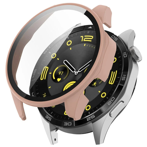 For Huawei Watch GT 4 46mm Case Full Protective Hard PC Cover with Tempered Glass  Screen Protector - Pink - 1