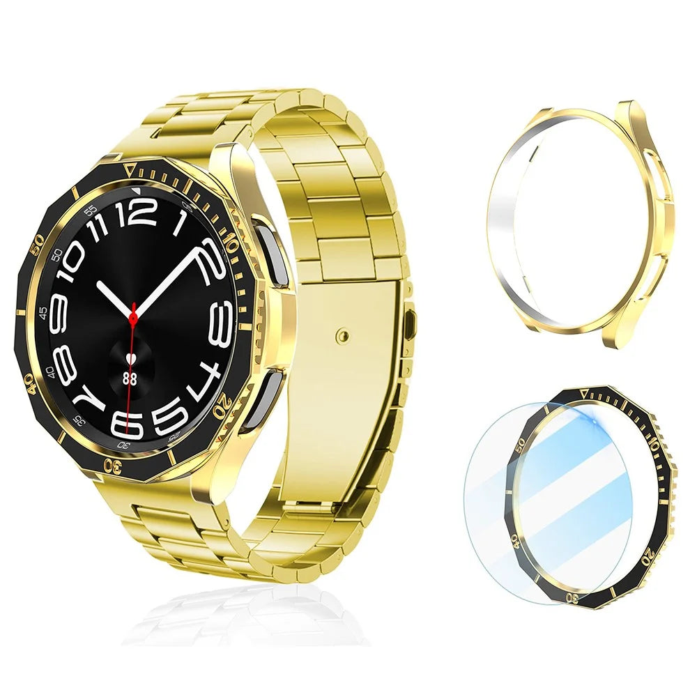 For Samsung Galaxy Watch6 Classic 43mm PC Case with Tempered Glass Film+Dial Bezel Ring Watch Case Cover - Black+Gold - 3