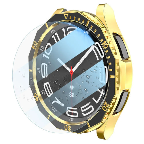 PC Watch Case Cover for Samsung Galaxy Watch6 Classic 47mm Case with Tempered Glass Film+Dial Bezel Ring - Black+Gold - 1