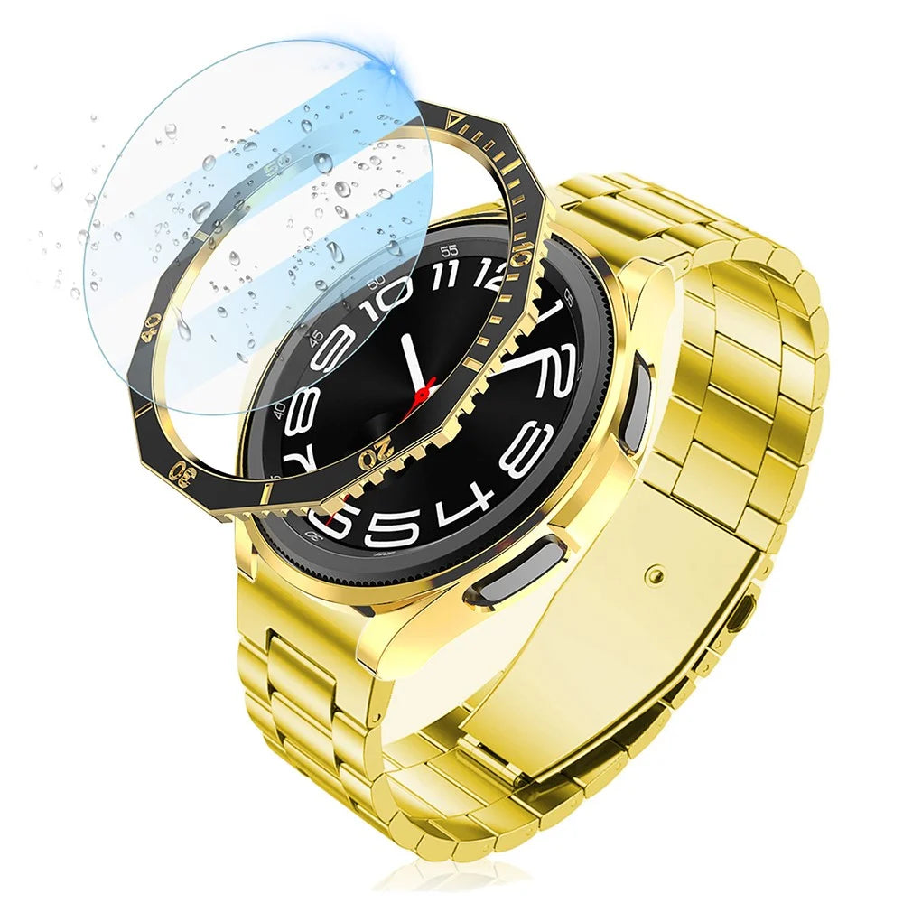 PC Watch Case Cover for Samsung Galaxy Watch6 Classic 47mm Case with Tempered Glass Film+Dial Bezel Ring - Black+Gold - 2