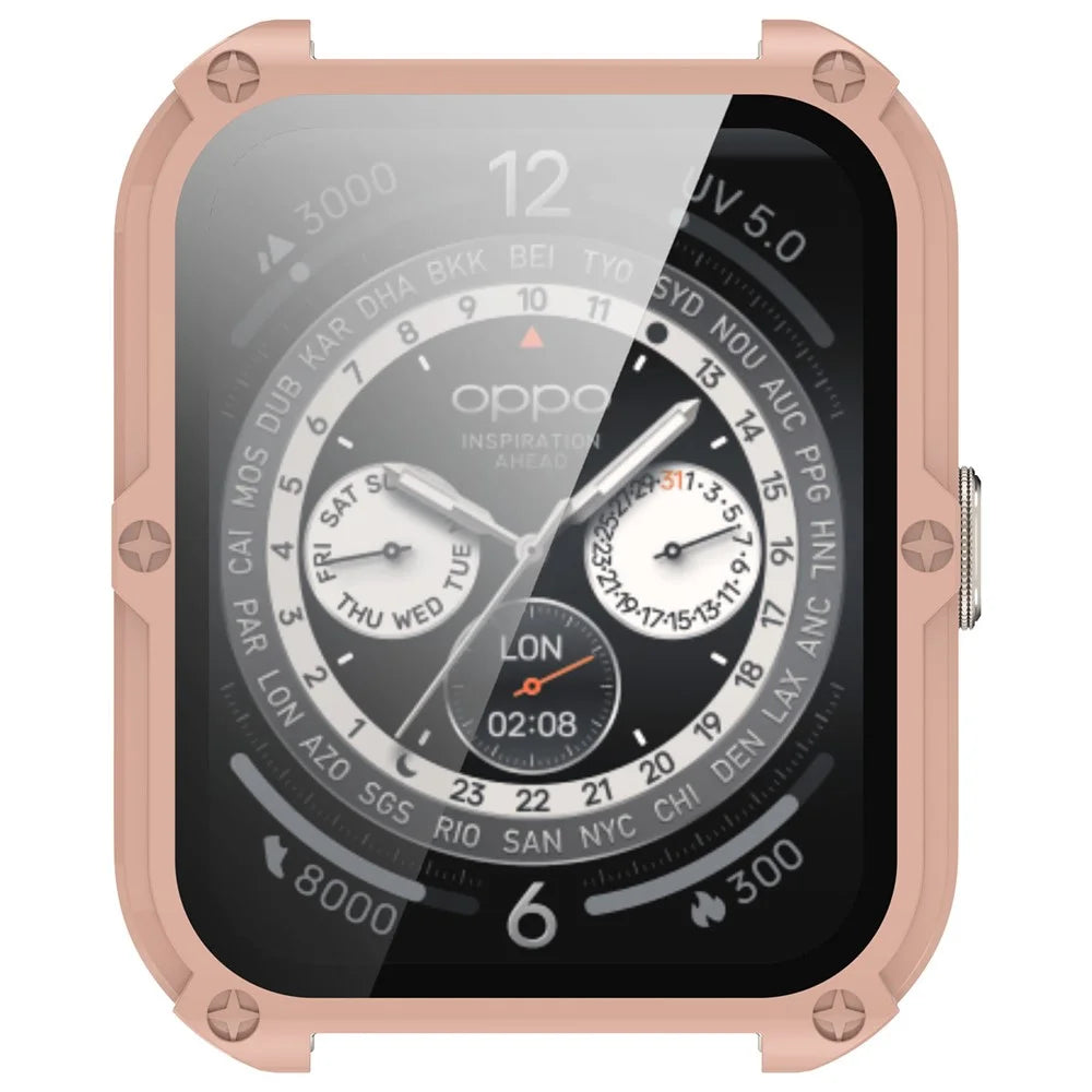 For Oppo Watch 4 Pro Hard PC Case Cover Anti-Scratch Watch Case with Tempered Glass Screen Film - Pink - 6