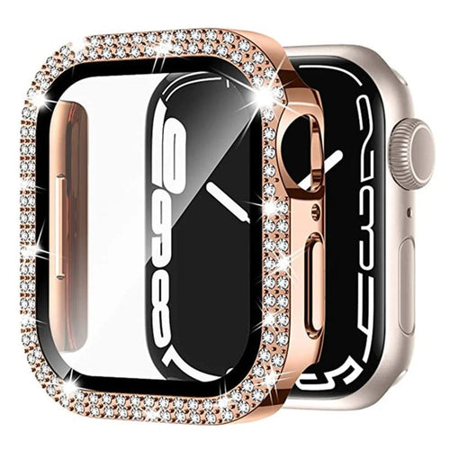 For Apple Watch Series 9 8 7 45mm PC Watch Case Rhinestone Electroplating Watch Cover with Tempered Glass Film - Rose Gold - 1